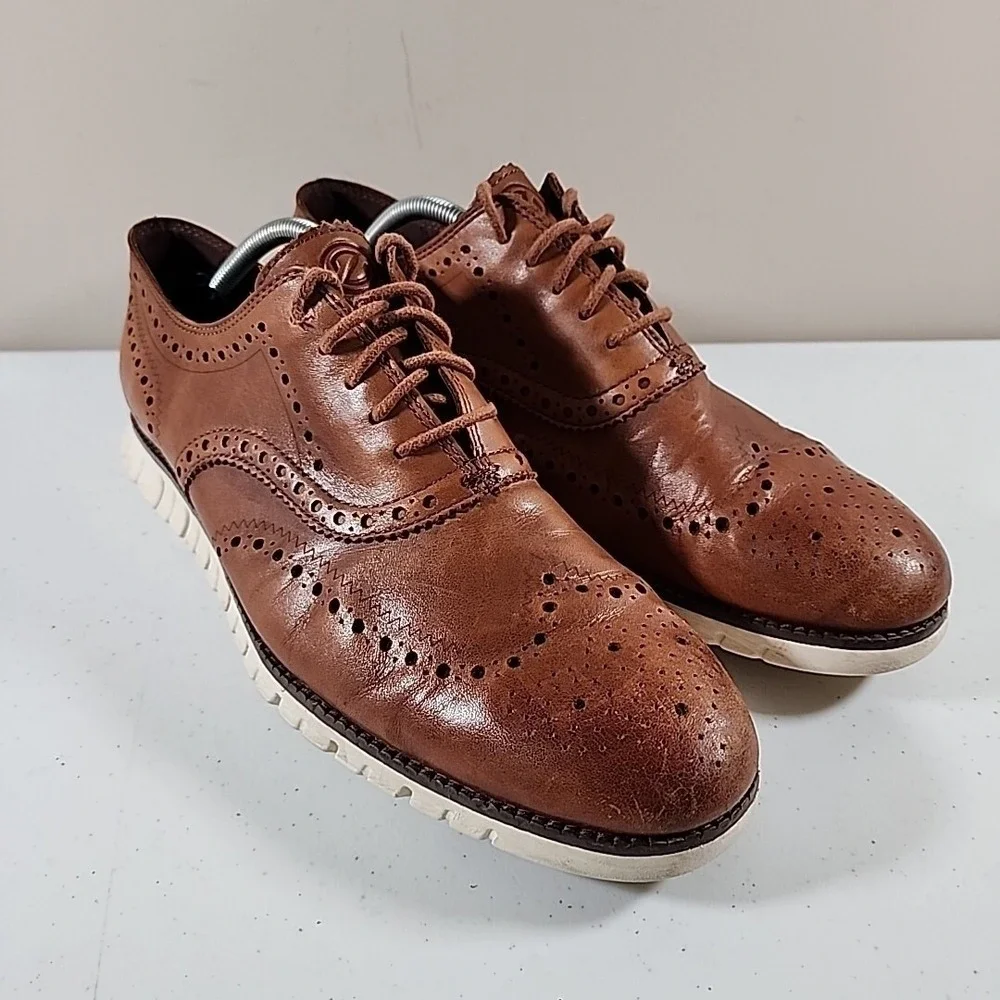 Cole Haan ZeroGrand Wingtip Oxford Shoe Leather British Tan C14493 Mens 11.5 M - Picture 1 of 11